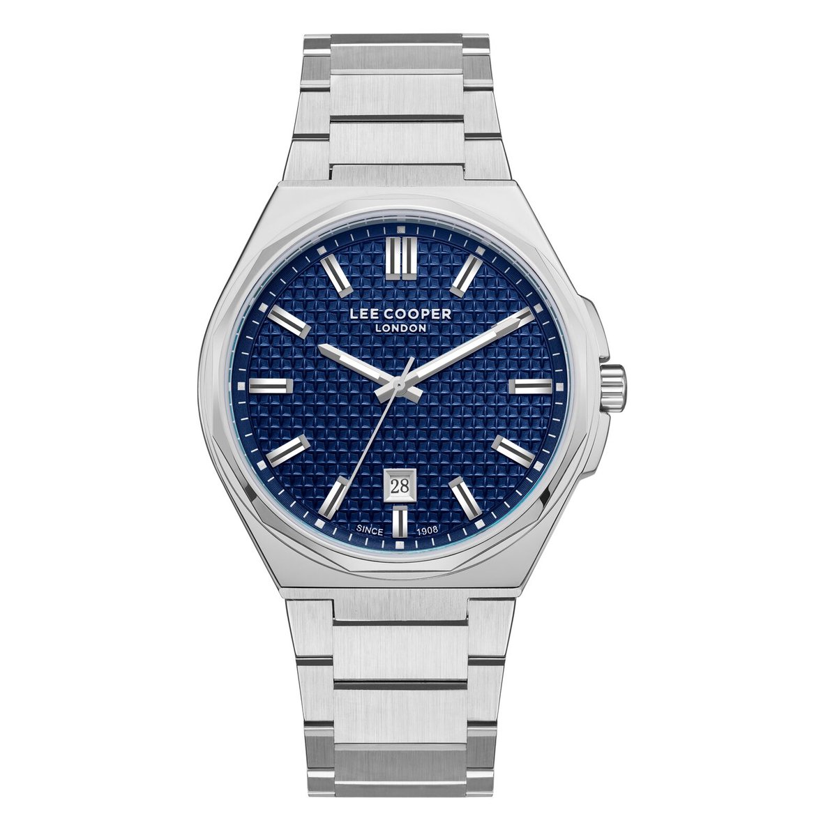 Lee Cooper LC08031.390 - Horloge - Polshorloge - Analoog - Heren - Mannen - stalen band - Metaal - Rond - Strepen - Datumaanduiding - Zilverkleurig - DonkerBlauw
