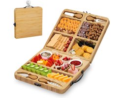 Kicinn Borrelplank - Tapasplank - Kaasplank - Serveerplank - Borrelplank Hout - Incl. Kaasmesjes en schaaltjes - Inklapbaar - Bamboe