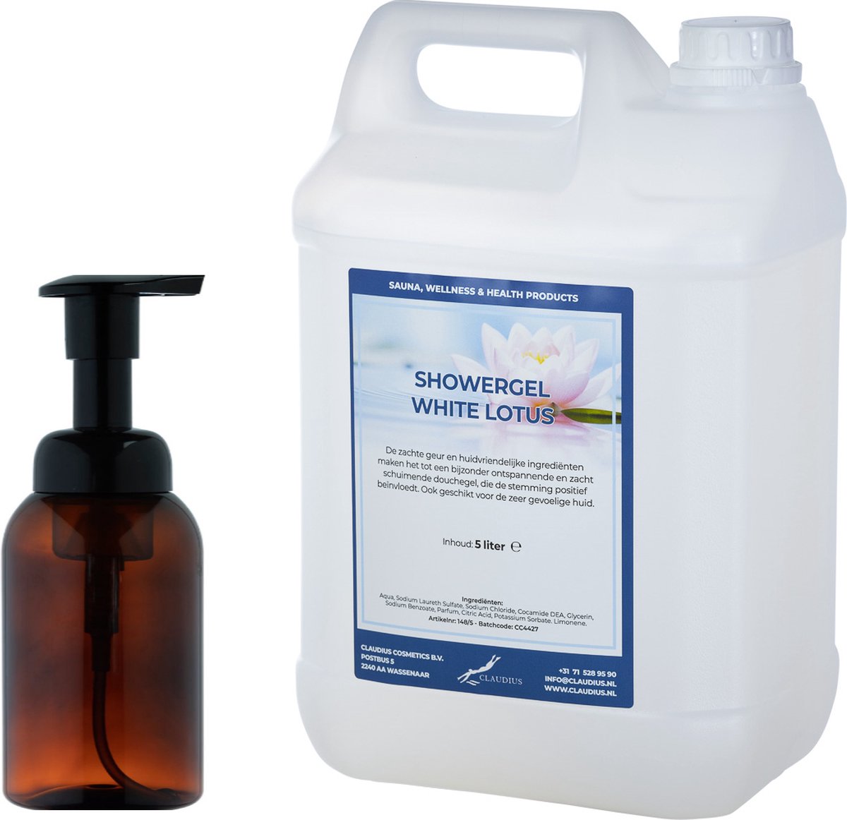 Goedkoopste Zeepdispenser 300 ml amber bruin hervulbaar 5 liter Showergel White Lotus navulling