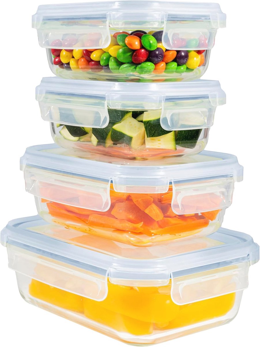 Vershoudbakjes Rechthoekig Glas Deksel - Meal Prep Container Magnetron Vriezer - Ruimtebesparende Voedselopslag (Set 4 Blauw)
