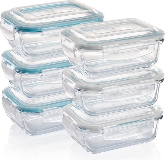 Foto: Rechthoekige glazen vershoudbakjes set 6 stuks van 370 ml lucht en vloeistofdichte ovenschalen