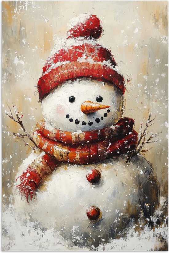 Poster 40x60 cm - Sneeuwpop - Winter - Sneeuw - Beige - Posters - Kamer decoratie - Wanddecoratie woonkamer - Muurdecoratie slaapkamer