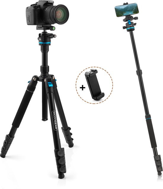 MOJOGEAR Swift Fotostatief 175cm met monopod voor Camera en Smartphone - Arca Swiss - Statief inclusief telefoonhouder - Uitneembare en omkeerbare middenkolom - Ideaal voor Macro- en landschapsfotografie - Afneembare Monopod - Zwart/Blauw