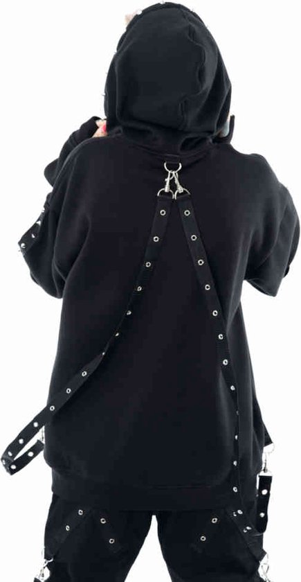 Zwarte hoodie met banden en ringen op de rug, vastgemaakt met gespen.
