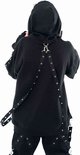 Zwarte hoodie met banden en ringen op de rug, vastgemaakt met gespen.