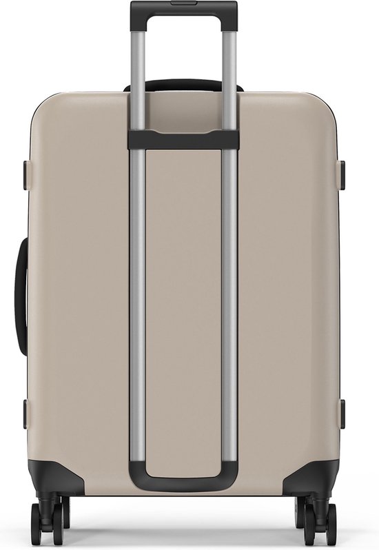Arrière d'une valise Rollink beige clair avec poignée rétractable et roues noires.