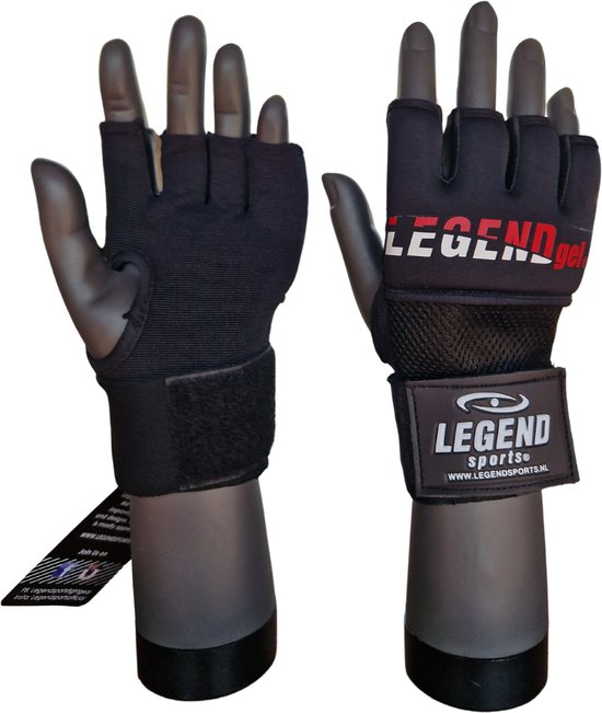 Zwarte Legend Gel bokshandschoenen met rode opdruk LEGEND gel. Met klittenbandsluiting.