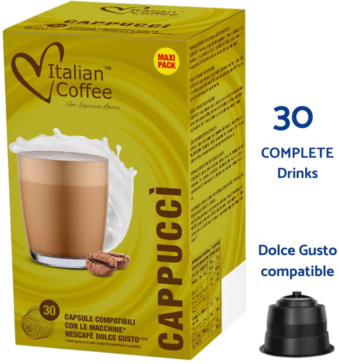 Goedkoopste Cappuccino MAXI PACK - 30 Koffiecups Italian Coffee Compatibel met Nescafé ® Dolce Gusto ® Machines