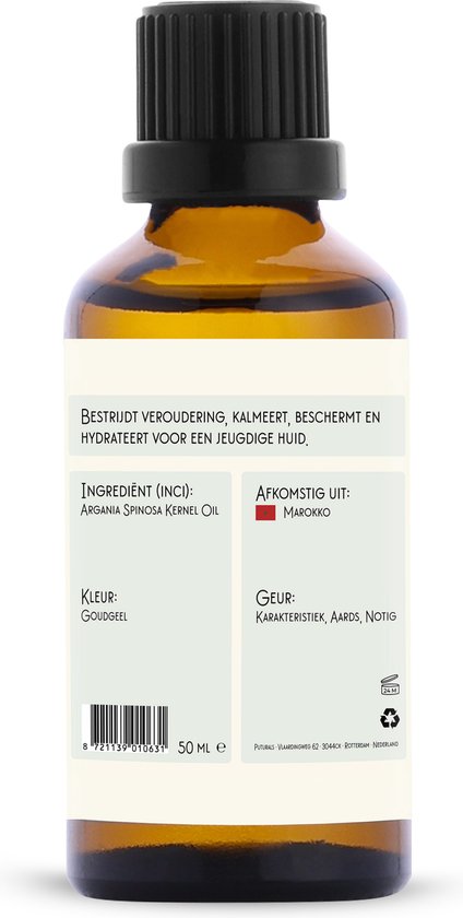 Amberkleurige fles met zwarte dop. Etiket met tekst 'Bestrijdt veroudering, kalmeert, beschermt en hydrateert', 'Argania Spinosa Kernel Oil', 'Goudgeel', 'Marokko', 'Karakteristiek, aards, nootig'. 50 ml.
