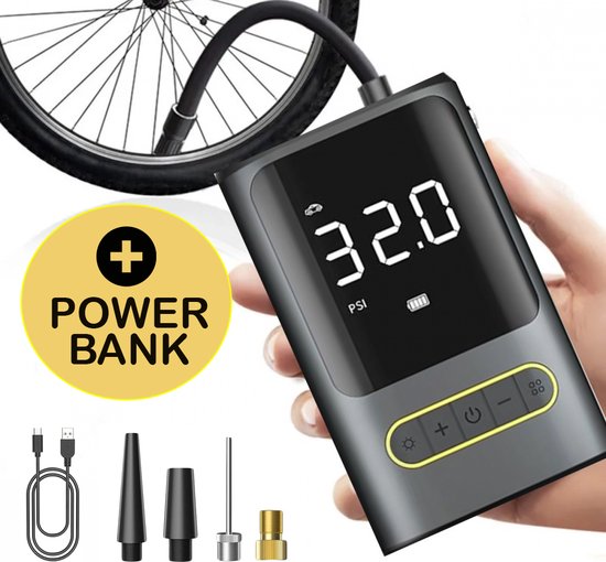 JC's® Elektrische bandenpomp - Elektrische fietspomp - POWERBANK - Scooter/Motor/Auto/Fiets - Autobanden Pomp - Luchtpomp - Bandenpomp - 4200 mAh - Tot wel 10.3 Bar - USB Oplaadbaar - Inclusief 4 Opzetstukken van JC's — afbeelding 2