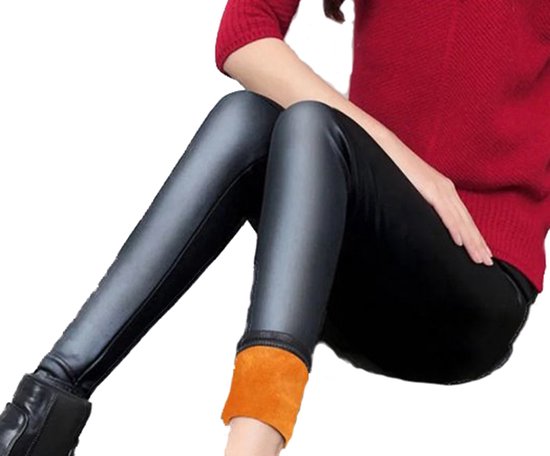 Legging Thermo Look Cuir - Zwart avec doublure polaire Oranje - jusqu'à -20°C - Taille XL - Legging d'hiver Leatherlook Femme