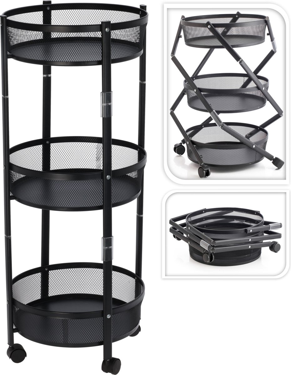 Relaxwonen - Keukentrolley - Zwart - 3 laags - Extra stevig - Inklapbaar