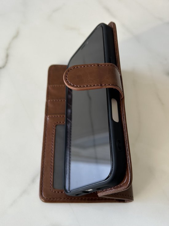 Étui portefeuille en similicuir PU pour iPhone 16 - Qualité Premium - Avec emplacements pour cartes - Marron