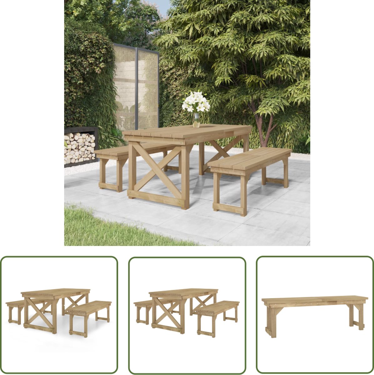 The Living Store 3-delige Tuinset geïmpregneerd massief grenenhout - Tuinstoel - Houten Tuinbank - Tuinset - Buitentijnen - Garden Furniture
