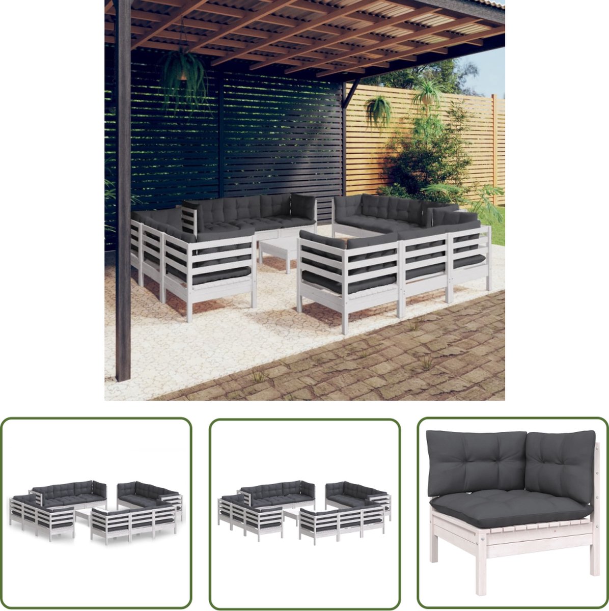 13-delige houten loungeset met antracietkleurige kussens voor tuin.