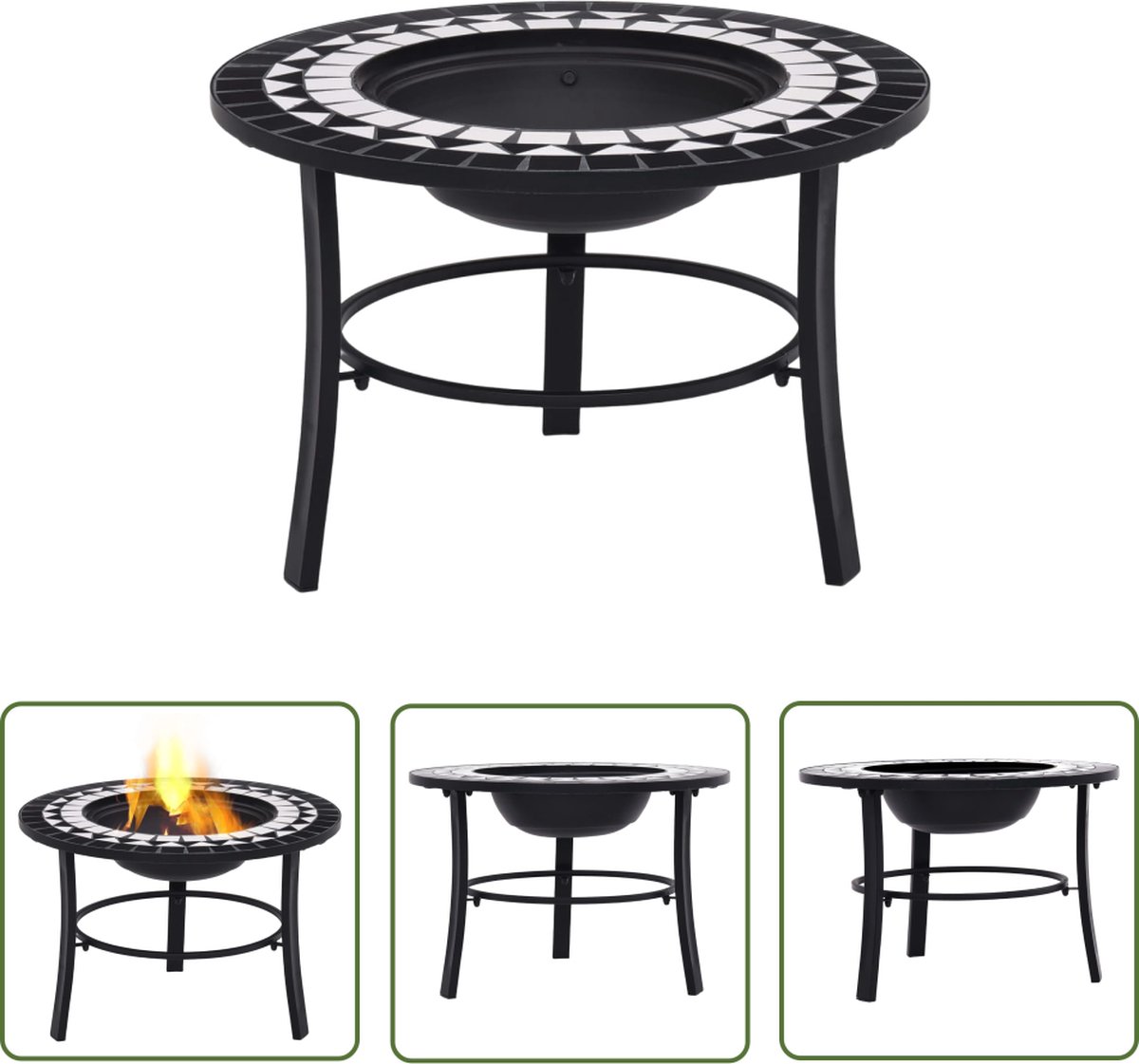 Keramieken vuurschaal met zwart-witte mozaïekpatronen, ideaal voor tuinverwarming en bbq-set.