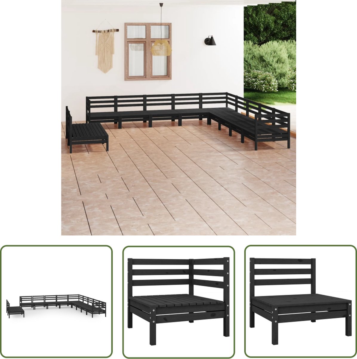 Zwarte massief grenenhouten loungeset met tuinstoel en teak tafel.