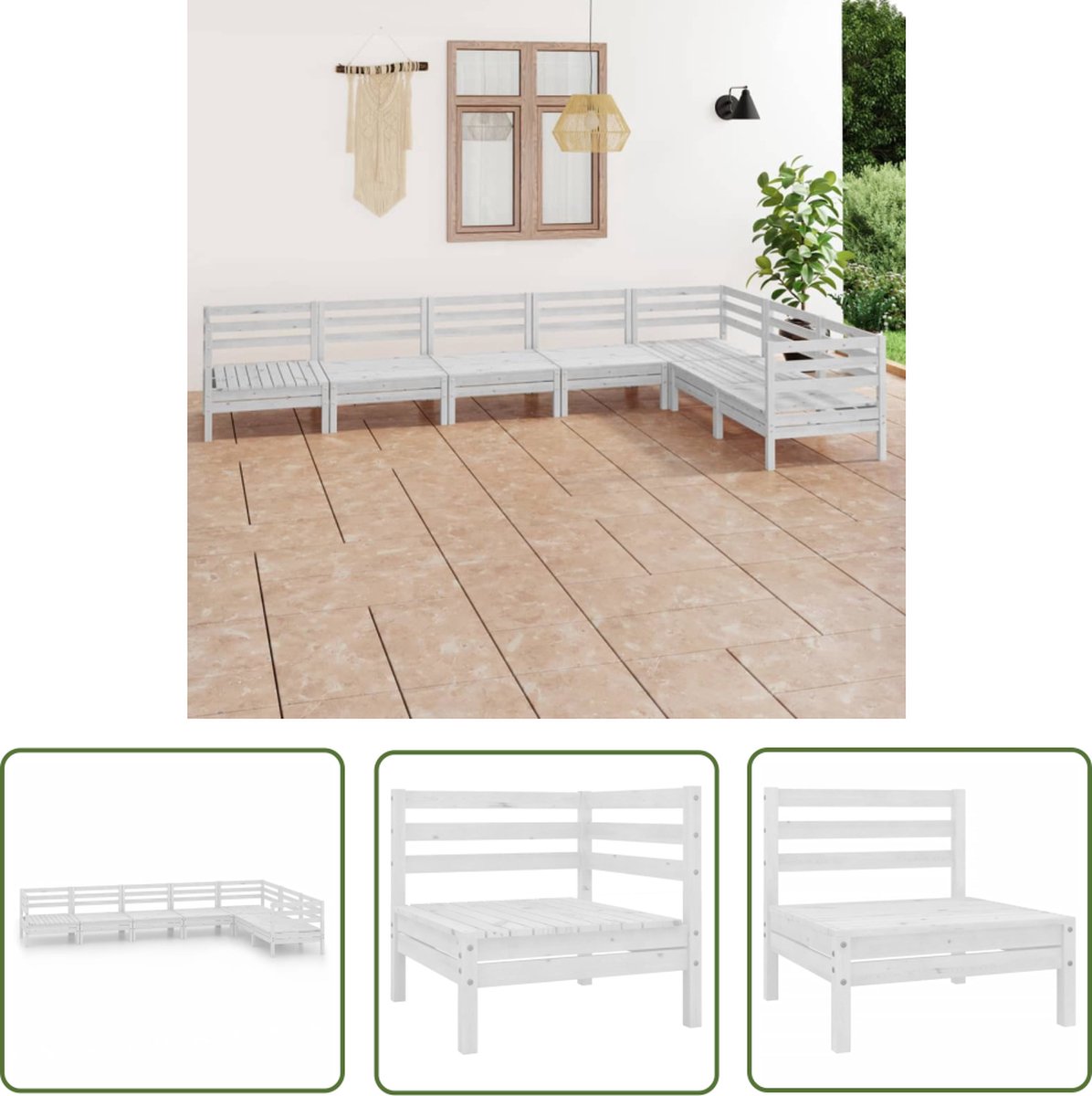 The Living Store 7-delige Loungeset massief grenenhout wit - Tuinmeubles - Lounge Set - Houten Bank - Patio Furniture - Buitendecor