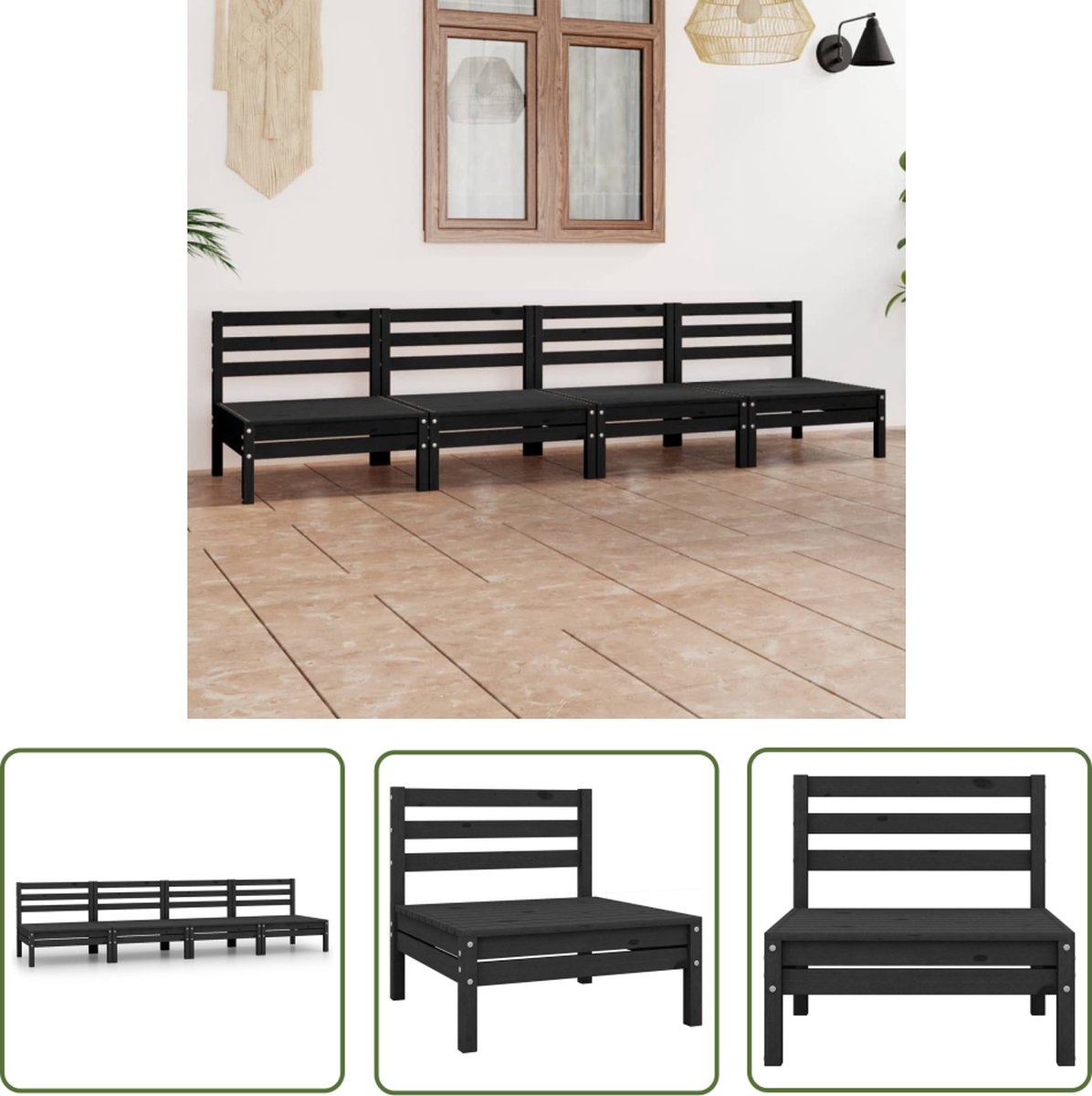 The Living Store 4-delige Loungeset massief grenenhout zwart - Loungeset - Houten Bank - Buitentijnen - Tuinlounge - Loungestoel