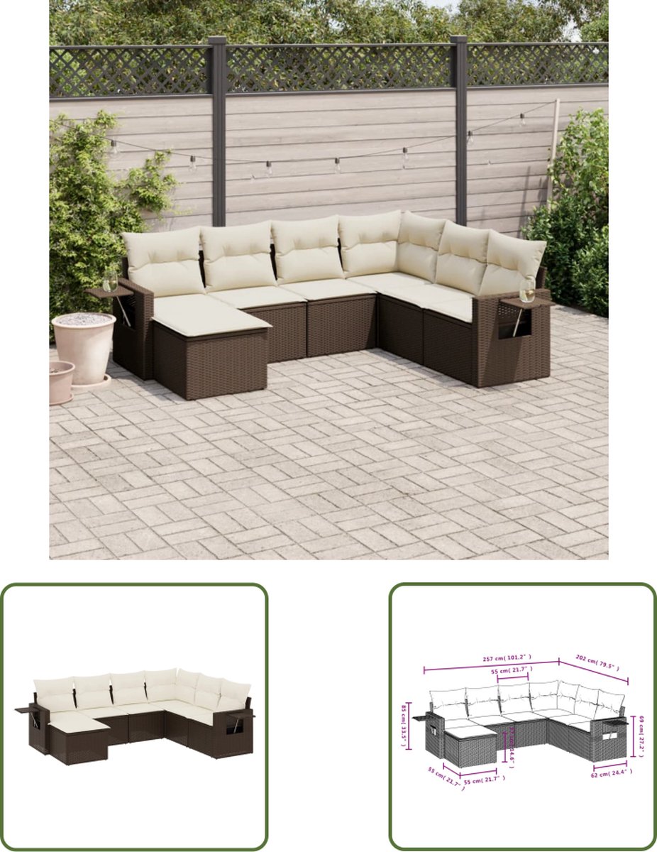 Bruin poly rattan loungeset met kussens voor buiten.