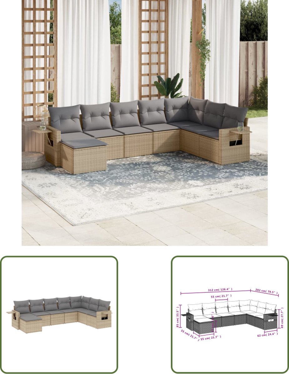 Luxe beige poly rattan loungeset met kussens voor buiten gebruik.