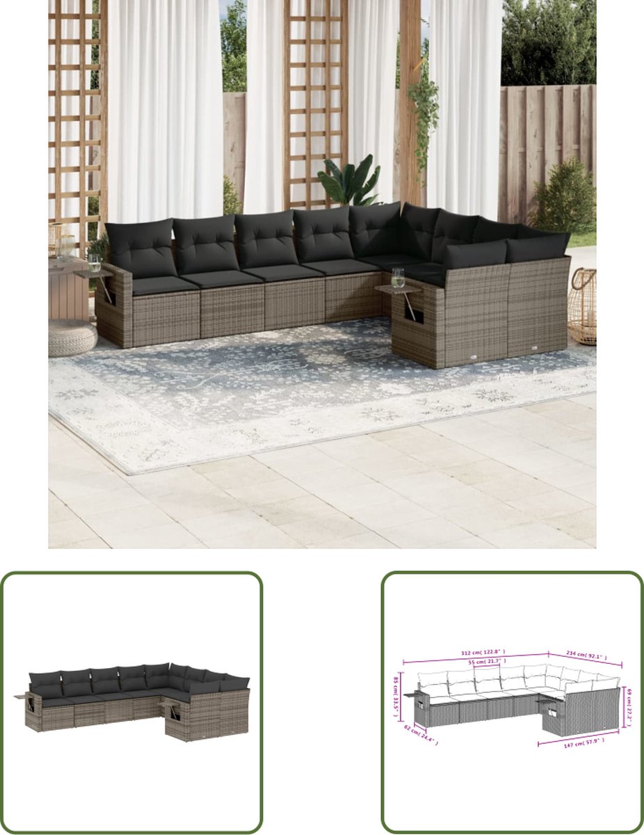 The Living Store 9-delige Loungeset met kussens poly rattan grijs - Loungebank - Tuinset - Lounge Set - Tuinmeubels - Pe Rattan