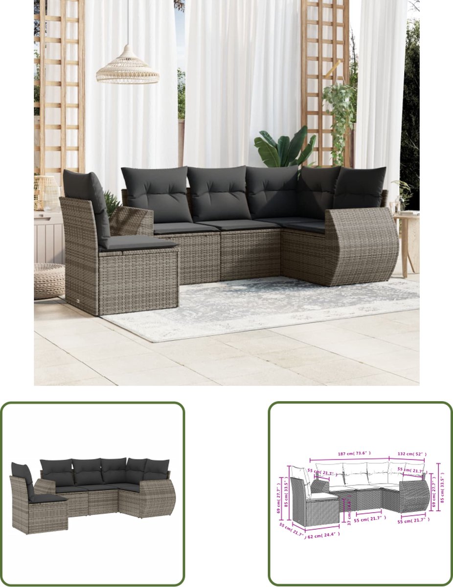 The Living Store 5-delige Loungeset met kussens poly rattan grijs - Tuinlounge Set - Lounge Set - PE Rattan - Outdoor Furniture - Tuinset