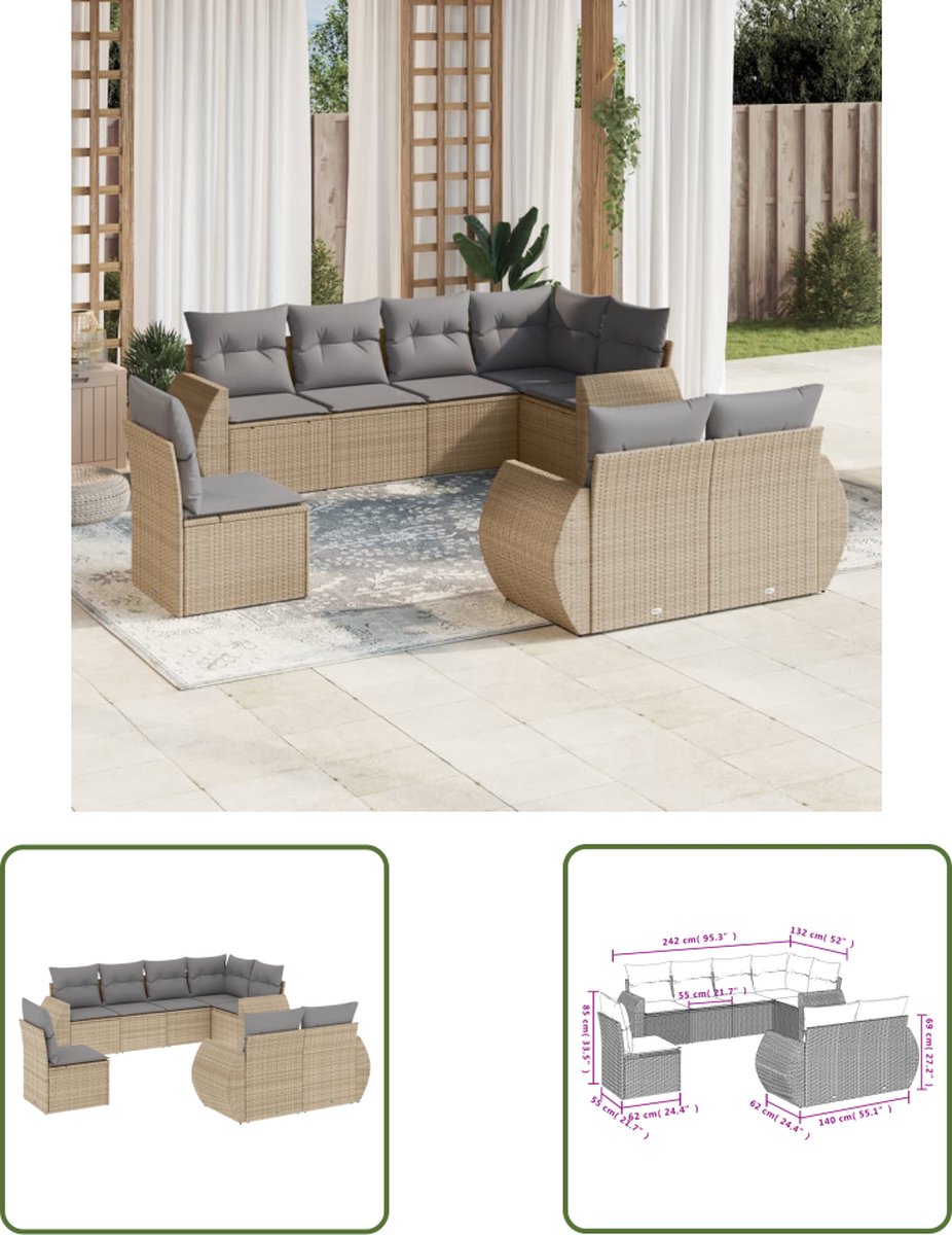 Loungeset van poly rattan in beige met kussens - Tuinmeubilair.
