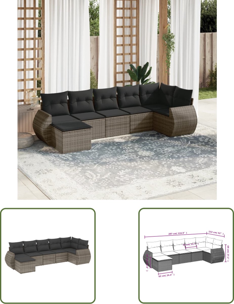 The Living Store 7-delige Loungeset met kussens poly rattan grijs - Loungeset - Tuinlounge - Lounge Set - Buitendining - Outdoor Furniture