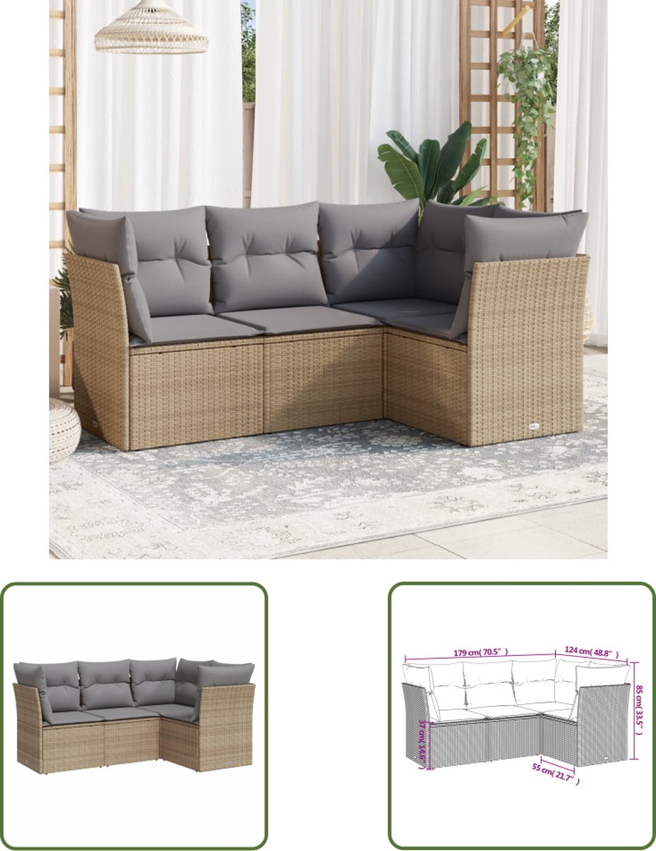 The Living Store 4-delige Loungeset met kussens poly rattan beige - Loungeset - Tuinset - Lounge - Buitendecoratie - Garden Furniture