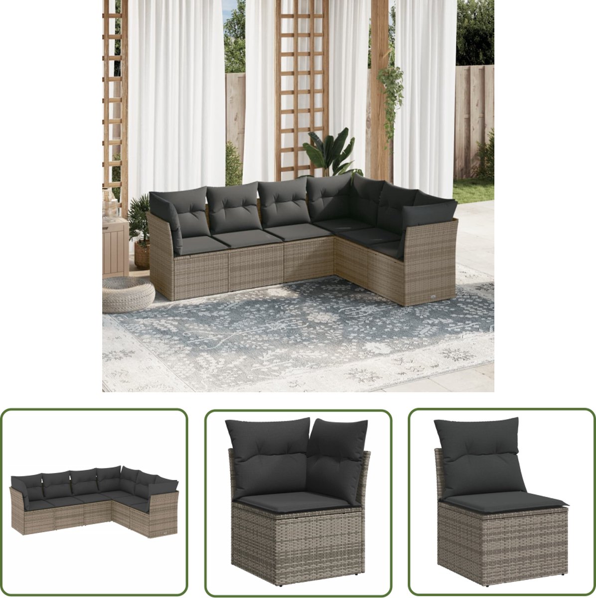 The Living Store 6-delige Loungeset met kussens poly rattan grijs - Loungebank - Tuinset - Lounge Set - Buitendecoratie - Garden Furniture