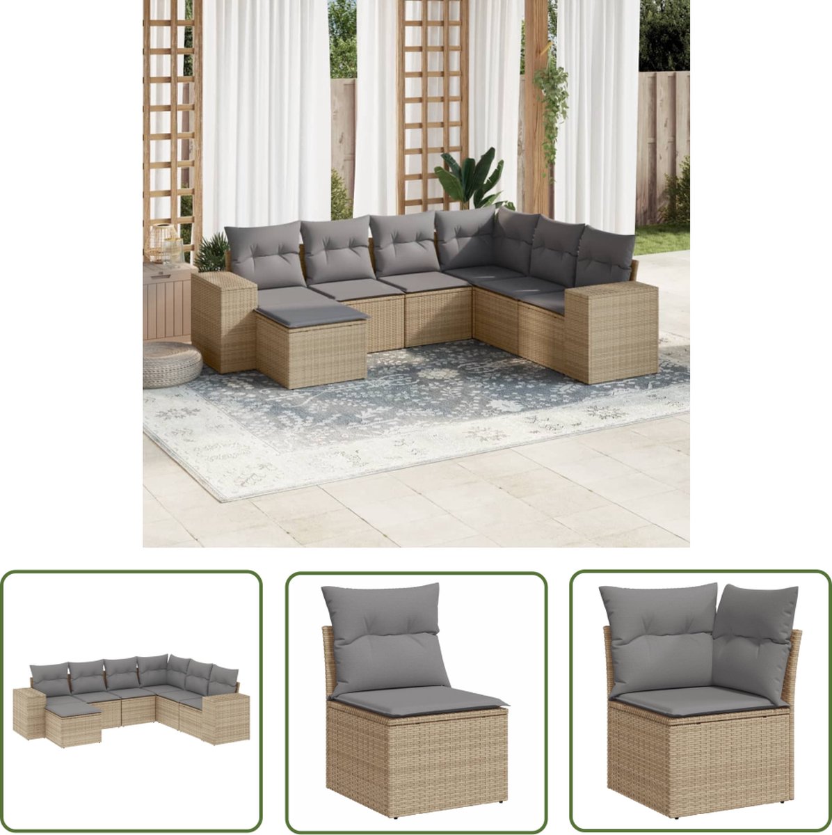 The Living Store 7-delige Loungeset met kussens poly rattan beige - Loungebank - Lounge Set - Buitendecoratie - Tuinmeubels - Ratan Meubel