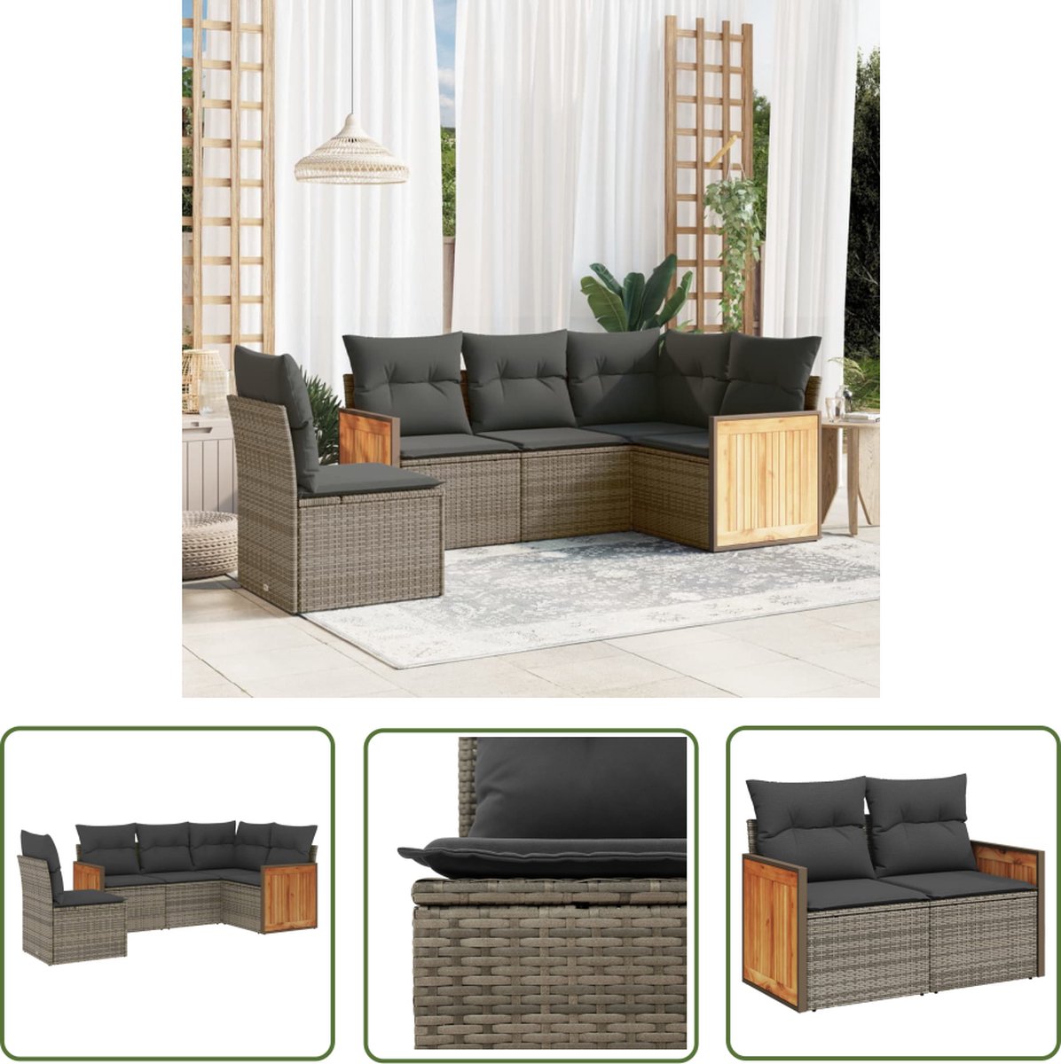 The Living Store 5-delige Loungeset met kussens poly rattan grijs - Loungeset - Tuinset - Buitameubels - Lounge Set - Pe Rattan