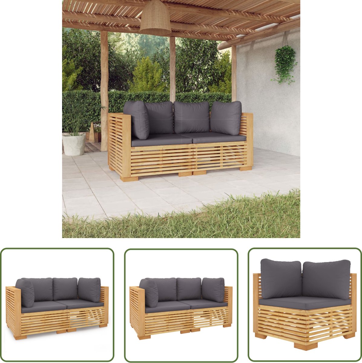 The Living Store Tuinhoekbanken 2 st met kussens massief teakhout - Tuinbank - Teak - Loungebank - Buitendecor - Outdoor Furniture