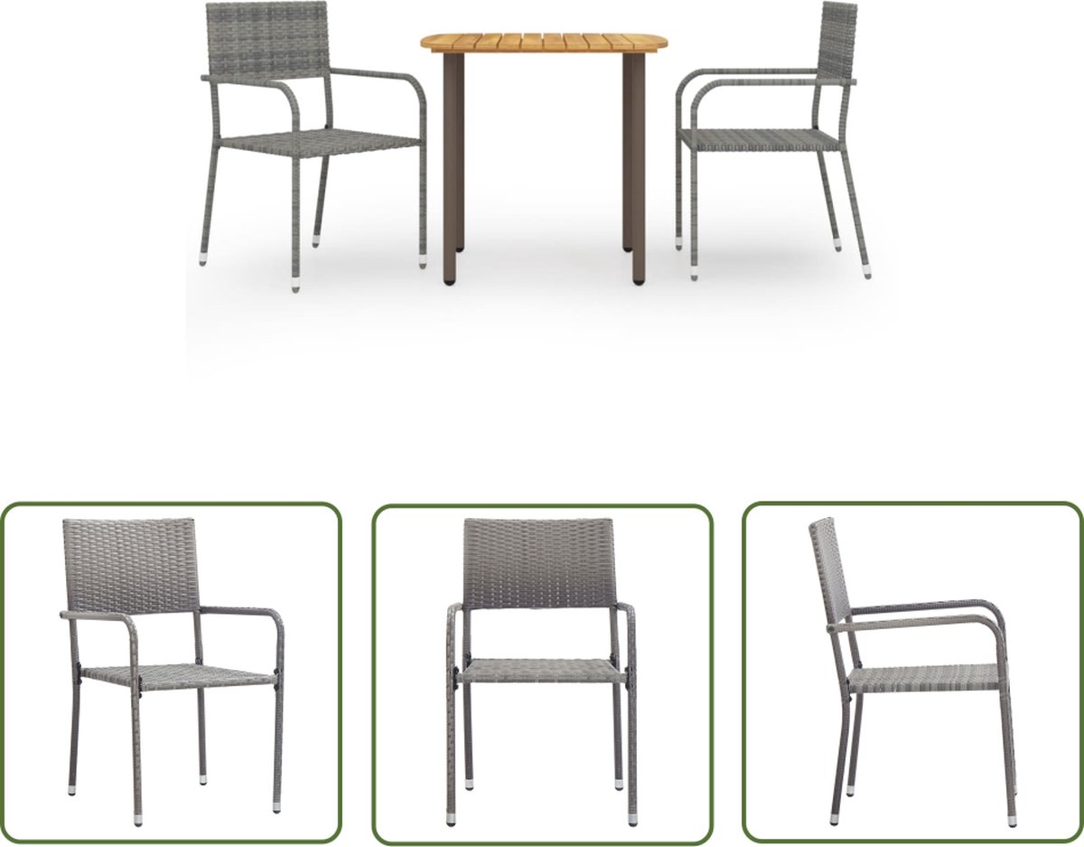 The Living Store 3-delige Tuinset poly rattan grijs - Tuinstoel - Eettafel - Acacia Hout - Buitentijd - Outdoor Furniture