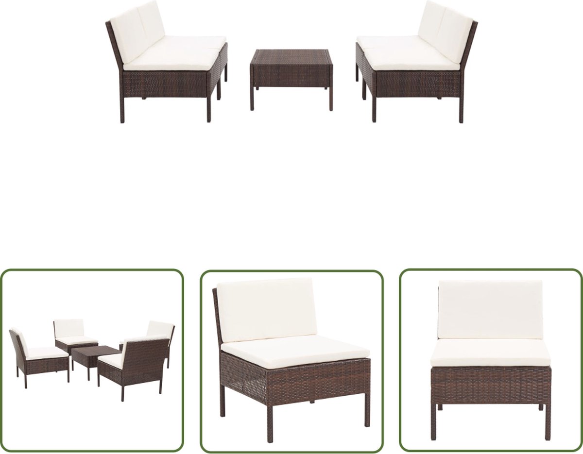 The Living Store 5-delige Loungeset met kussens poly rattan bruin - Loungeset - Lounge Meubels - Buis Meubel - Outdoor Furniture - Tuinset