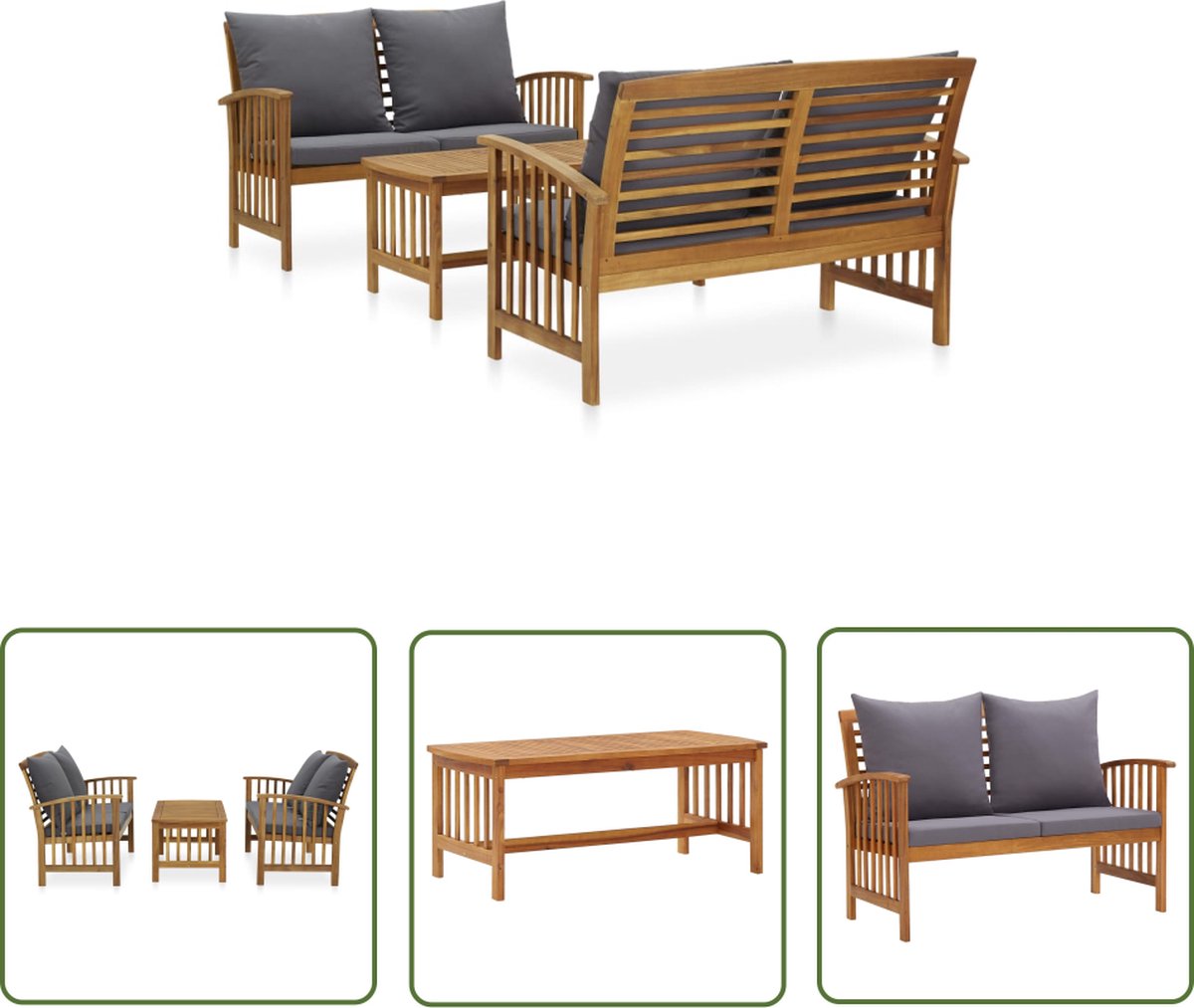 3-delige Loungeset van massief acaciahout met kussens - Vintage stijl.