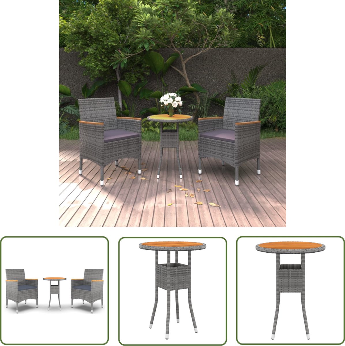The Living Store 3-delige Tuinset poly rattan grijs - Tuinstoel - Tuintafel - Buitendecoratie - Lounge Set - Acacia Hout