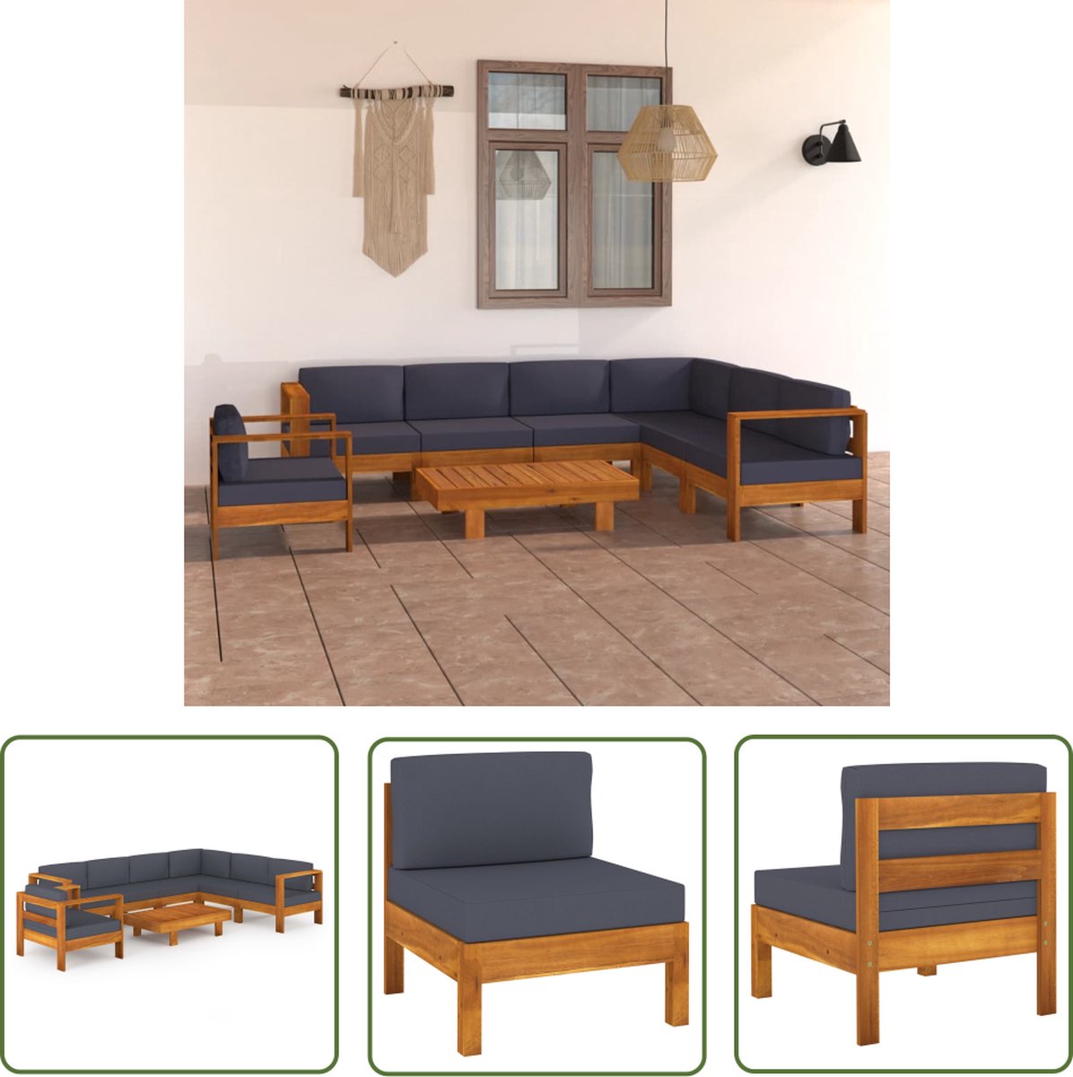 The Living Store 8-delige Loungeset met donkergrijze kussens acaciahout - Loungeset - Tuinset - Buitendecoratie - Tuinstoel - Loungestoel