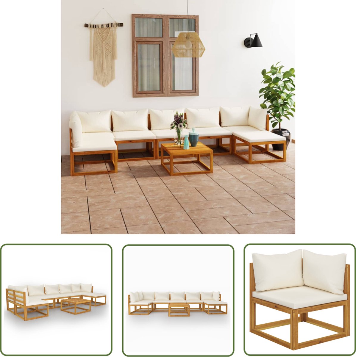 Loungeset van massief acaciahout in crèmekleur met kussens.