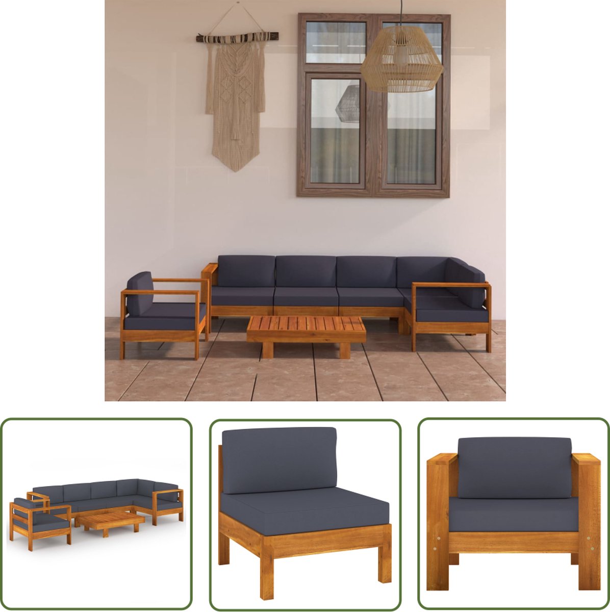 Acaciahouten loungeset met donkergrijze kussens voor tuindecoratie.