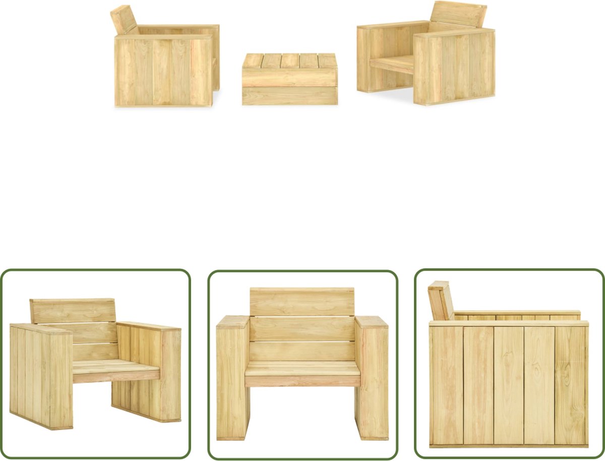 The Living Store 3-delige Loungeset geïmpregneerd grenenhout - Tuinstoel - Lounge Set - Houten Meubels - Buitentijd - Relaxen