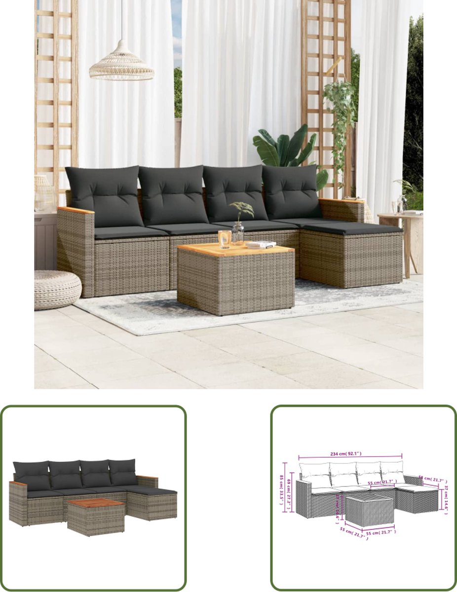 The Living Store 6-delige Loungeset met kussens poly rattan grijs - Loungeset - Tuinmeubels - Lounge Set - PE-rattan - Outdoor Furniture