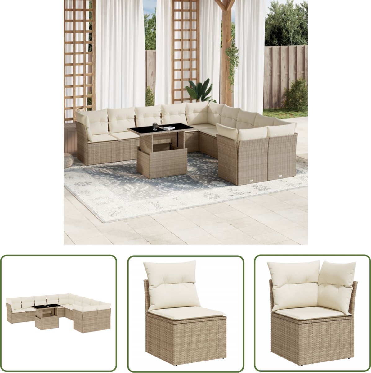 The Living Store 11-delige Tuinset met kussens poly rattan beige - Loungebank - Lounge Set - Tuinmeubelen - Buitendecoratie - PE-rattan