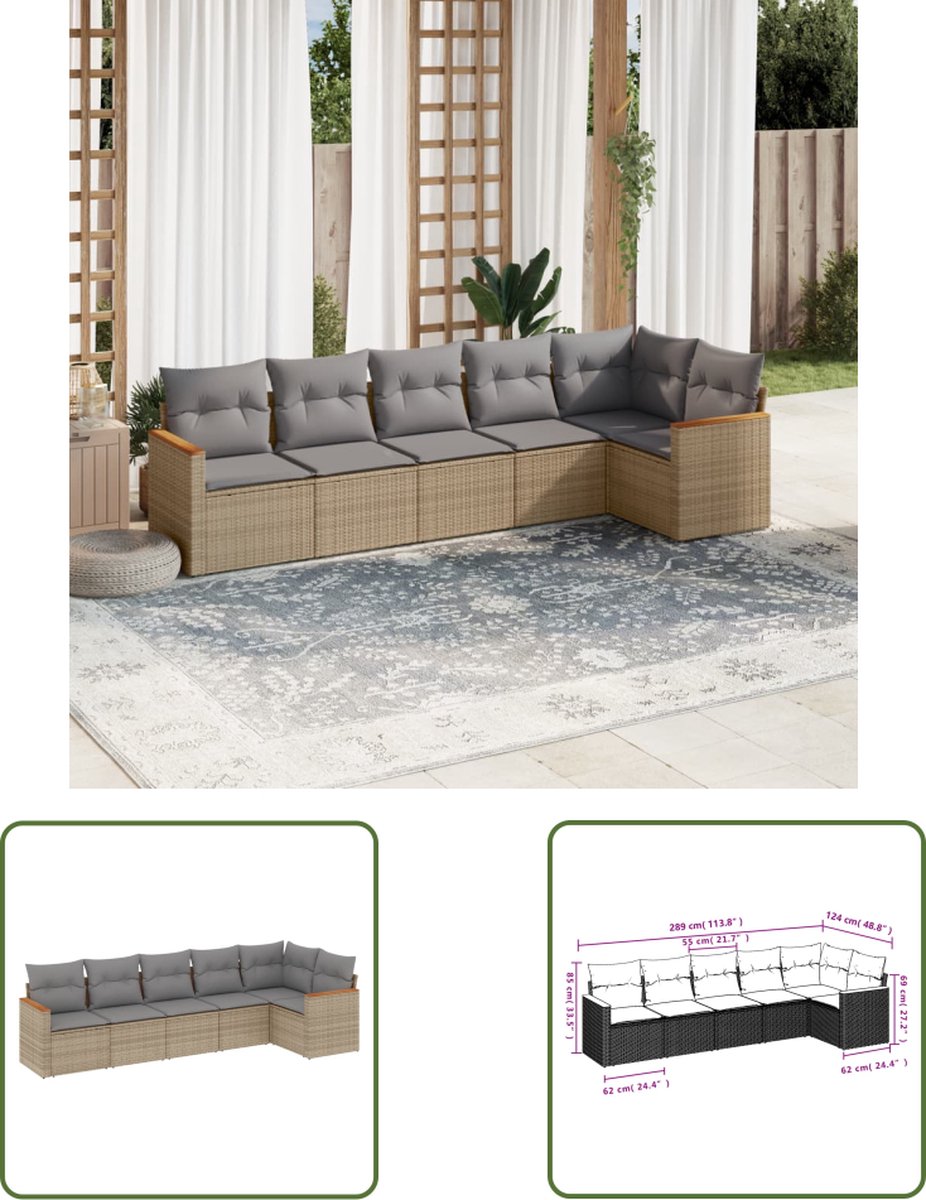 The Living Store 6-delige Loungeset met kussens poly rattan beige - Loungeset - Tuinset - Loungemeubels - Tuinbank - Outdoor Furniture
