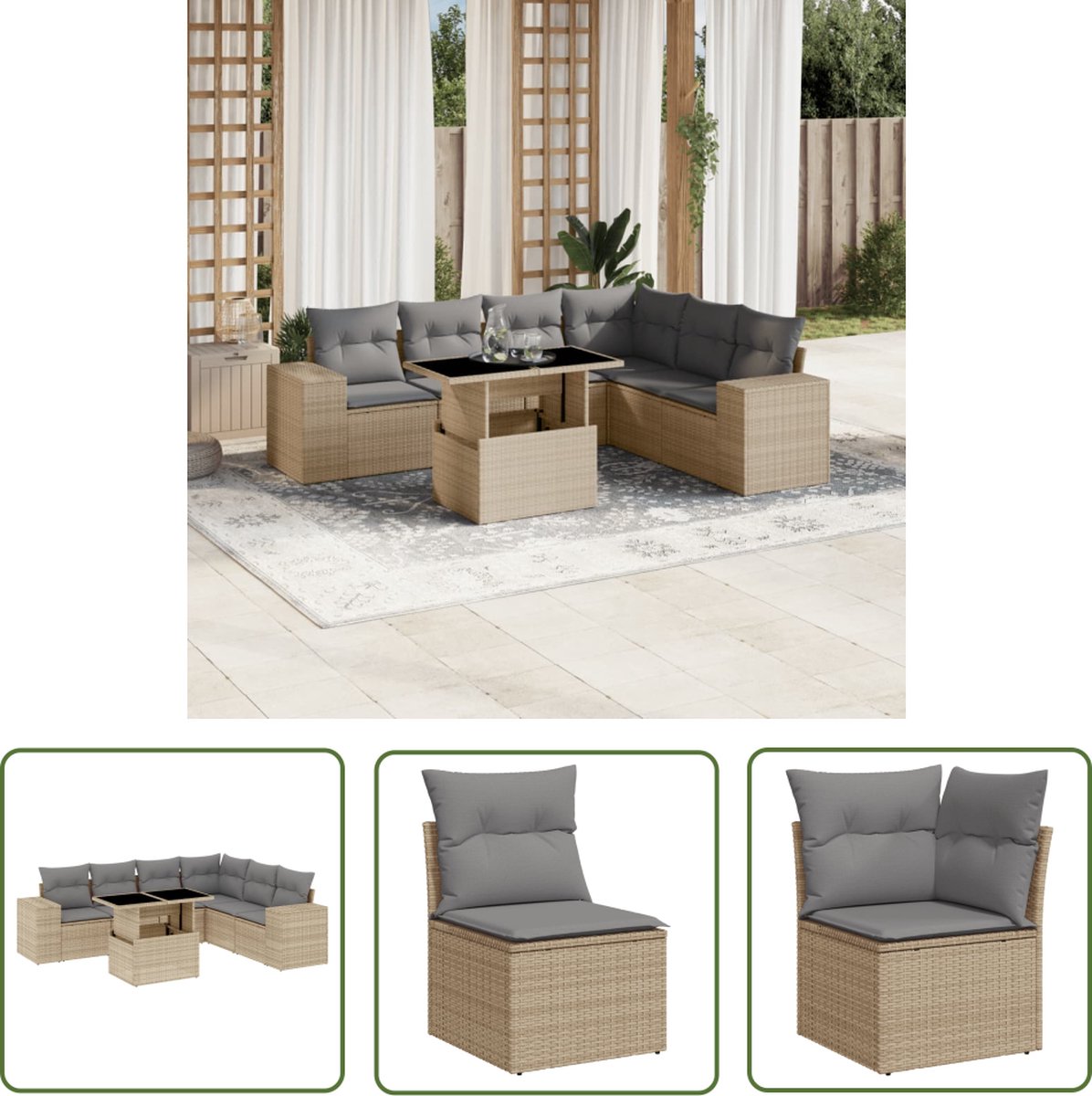 The Living Store 7-delige Loungeset met kussens poly rattan beige - Loungebank - Lounge Set - Buitendecoratie - Tuinmeubels - Tuinlounge