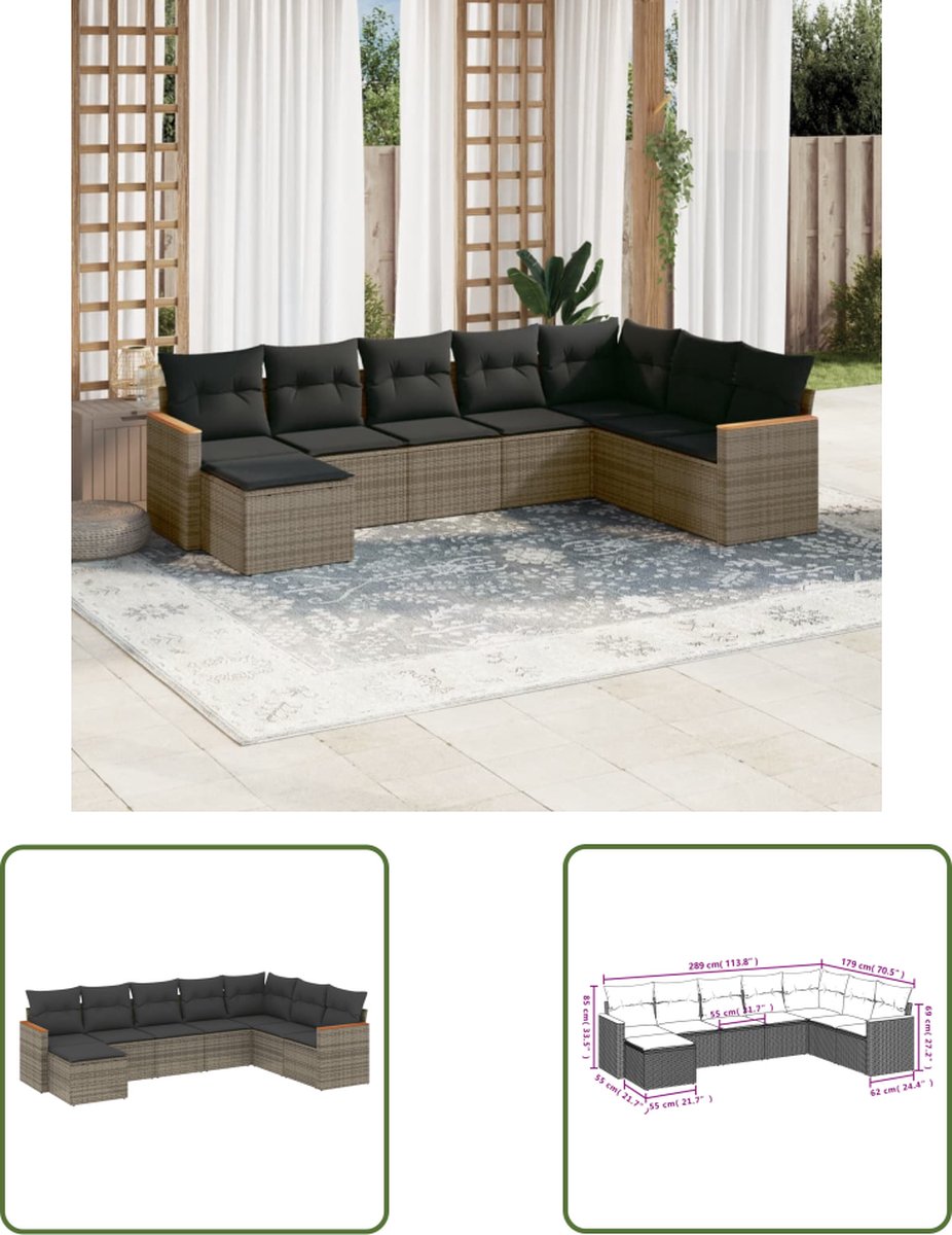 The Living Store 8-delige Loungeset met kussens poly rattan grijs - Loungebank - Lounge Set - Tuinmeubels - Tuinlounge - Outdoor Furniture