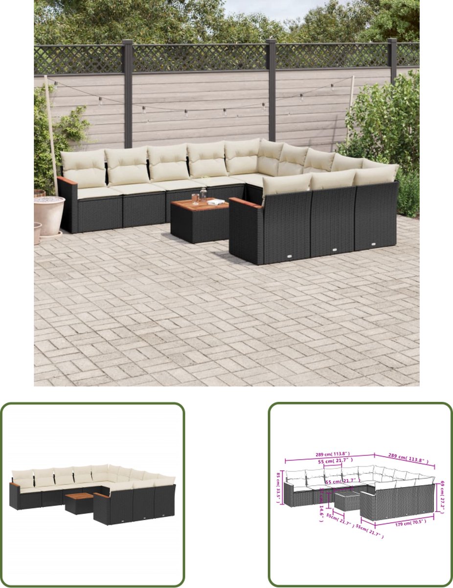 Zwarte poly rattan loungeset met kussens voor buiten - Tuinmeubels.
