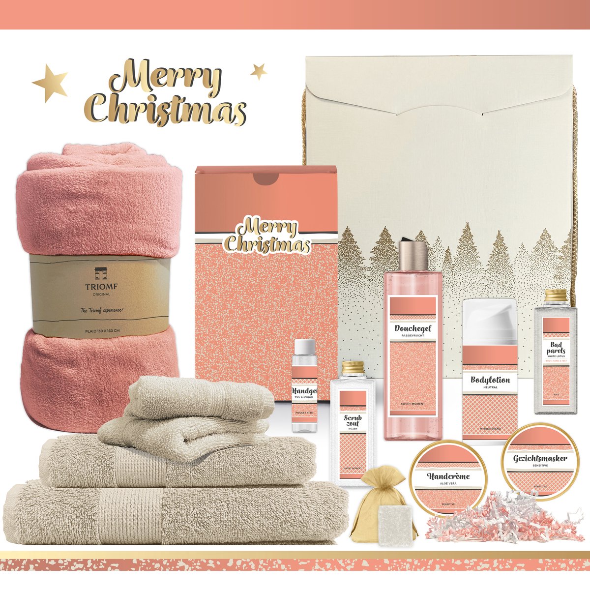 Goedkoopste Geschenkset “Merry Christmas!” - 13 producten - 1915 gram | Luxe Kerst Cadeaubox voor haar- Wellness Pakket Vrouw- Giftset Fijne Feestdagen- Cadeaupakket Prettige Kerstdagen- Kerstcadeau Kerstpakket Bedrijf- Relatiegeschenk Cadeau- Gift Wit Roze goud