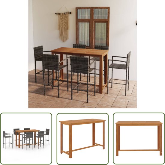 The Living Store Barset Elegant - Bois d'acacia Massief - 150x70x105 cm (LxPxH) - Grijs - Poly rotin - Acier enduit de poudre - 52x56x118 cm (LxPxH) - Hauteur d'assise 80 cm - 1 Table - 6 Tabourets de bar